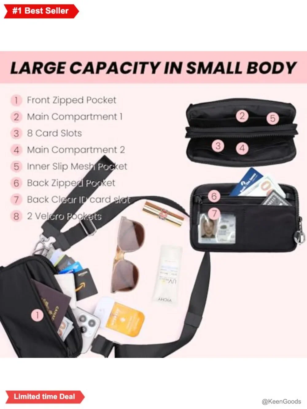 Nylon RFID Wristlet Crossbody Wallet with Card Slots & Anti-Theft Lock